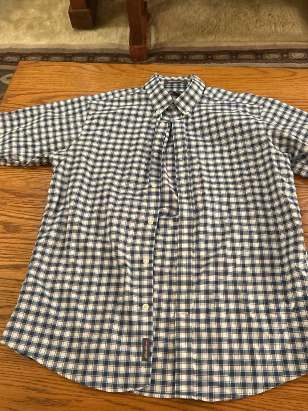 Eddie Bauer Blue and White Checked Button-Down Shirt